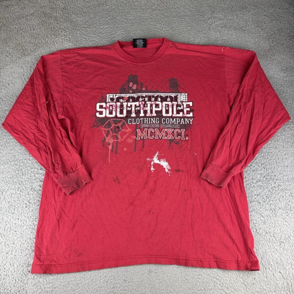Vintage Y2K Southpole Long Sleeve T-Shirt Skater Grunge Mens Tag XL Red Distress